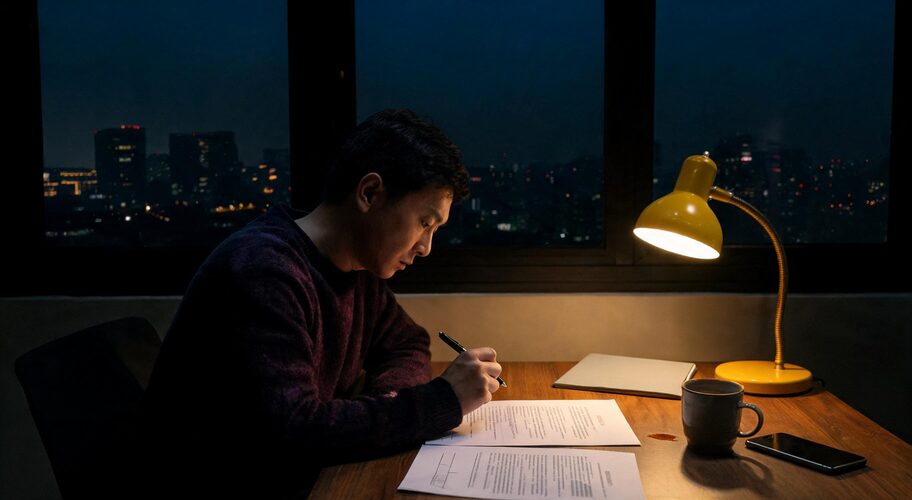 A founder alone in an office at dusk reviewing a printed contract about an AI automation reseller vs technical partnership with a pen, phone face down on the desk beside a cold cup of tea.