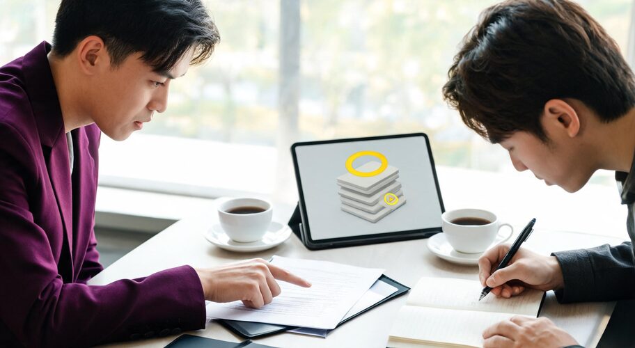 Two people sit across a meeting table, one pointing at a printed contract about AI automation scope creep pricing while the other takes notes in a notebook, with coffee cups between them.