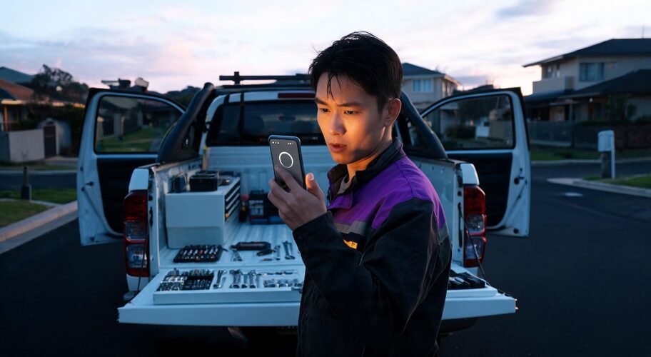A tradesperson stands beside a work ute at dusk, reading a message on their phone, with the van doors open and tools visible, while considering the impact of AI browsers business traffic.