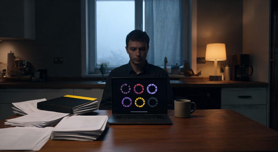 Three colleagues discussing an AI business plan loan application in a meeting, one holding a tablet showing charts, another pointing at a monitor with bar graphs, folder and calculator on the table.
