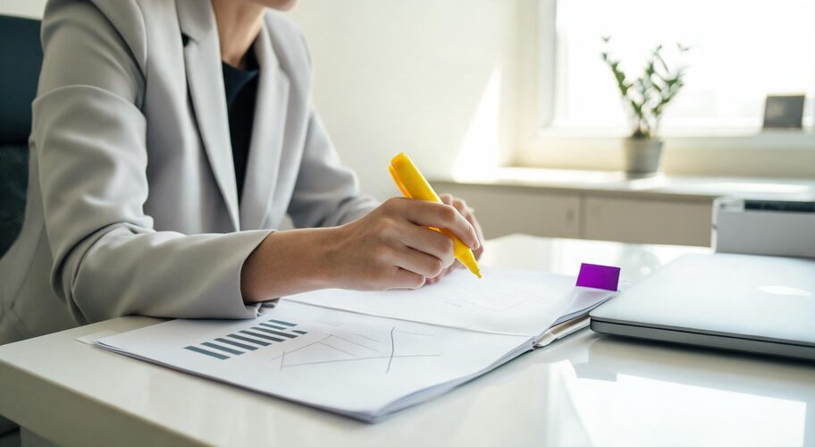 A loan officer reviewing an AI business plan loan application at a desk with a printed application open to a page of financial figures, a highlighter in hand, a second folder of bank statements beside it.
