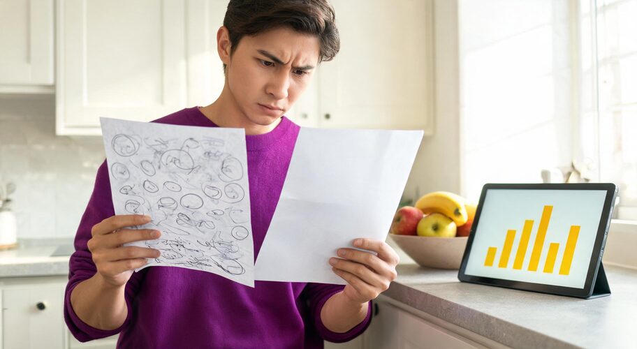 A founder comparing two printed drafts of an AI business plan loan application side by side at a kitchen bench, one heavily marked up in pen.