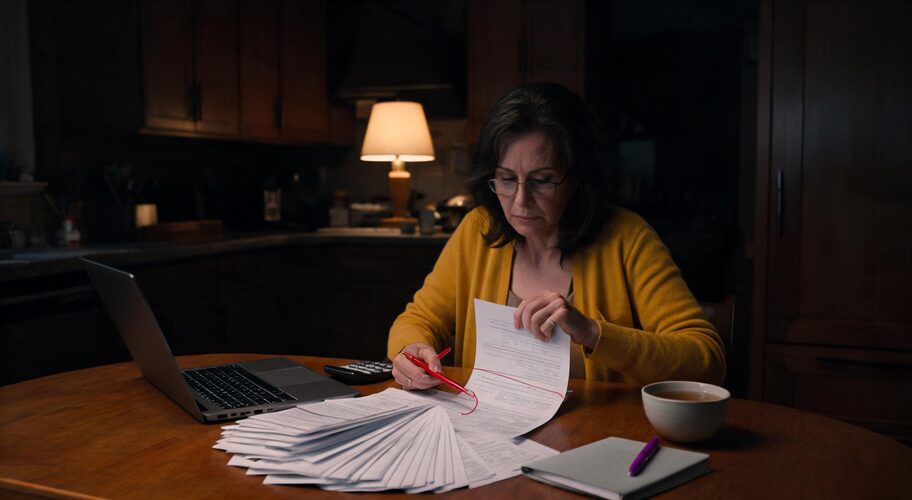 A business owner conducting an AI client profitability analysis alone at a kitchen table late in the evening, laptop open, a fanned-out stack of printed invoices and a calculator beside a cold cup of tea, one invoice pulled out of the pile.