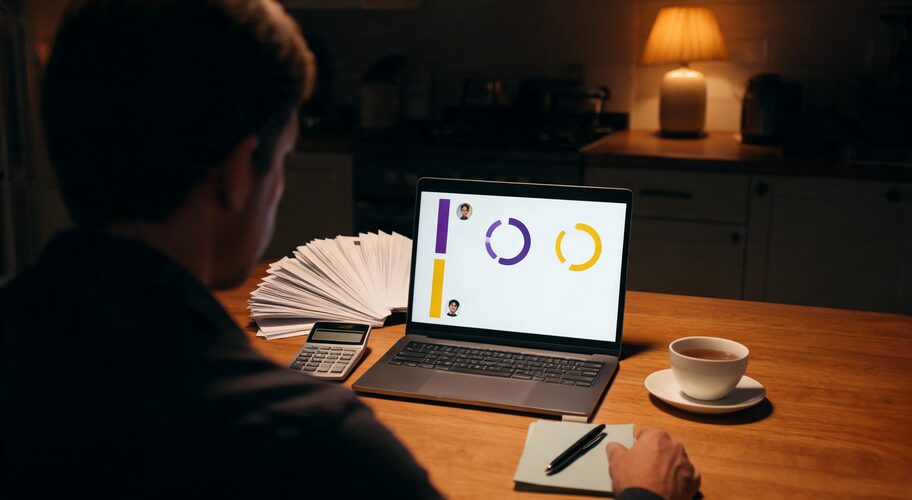 A business owner reviewing an AI client profitability analysis alone at a kitchen table late in the evening, laptop open, a fanned-out stack of printed invoices and a calculator beside a cold cup of tea, one invoice pulled out of the pile.