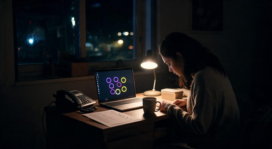 A fundraising manager using AI donor retention for NZ charities at a desk late at night, reviewing notes beside a laptop, telephone and coffee mug.