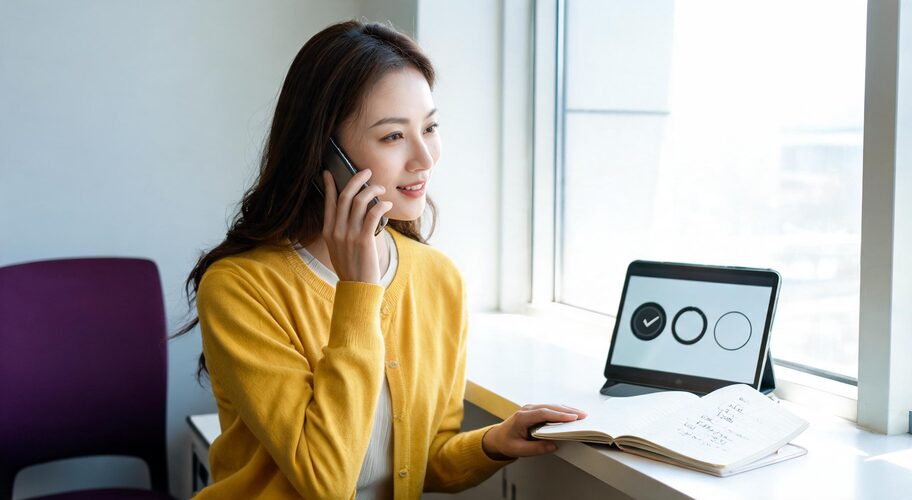 A fundraising manager using AI donor retention for NZ charities while standing at a window with a mobile phone to her ear, a notebook open on the sill with a short handwritten list of names, mid-conversation.