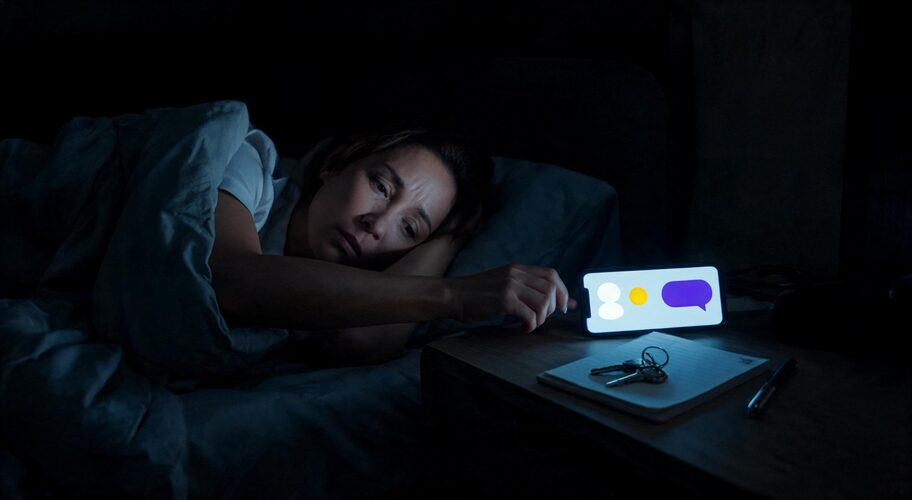 A person lies in bed at night, looking at a brightly lit smartphone screen while resting their hand on a bedside table with keys and a notebook, using AI for Airbnb hosts to check rental updates.