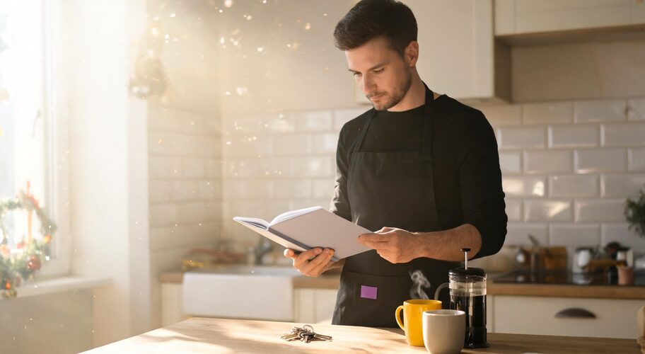 A kitchen bench in a holiday rental holds an open printed welcome folder, a set of keys, a coffee plunger, and two mugs in the morning light, ready for a stay supported by AI for Airbnb hosts.