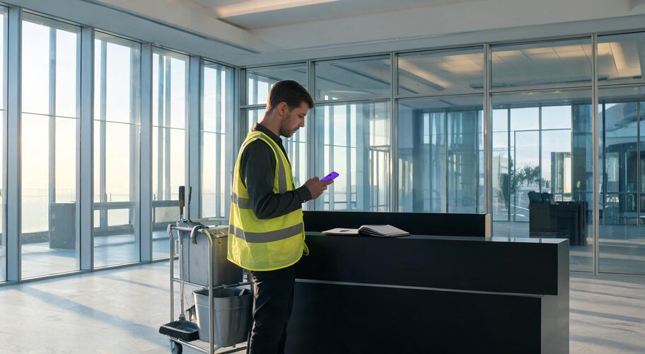 A person in a reflective vest stands by a cleaning cart and reception desk in a modern building, looking at a phone, possibly using ai for commercial cleaning contractors to efficiently manage tasks.