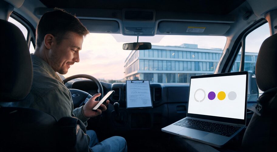 A cleaning company owner using AI for commercial cleaning contractors while sitting in a parked van at dawn, with a laptop on the passenger seat, a clipboard of site notes on the dashboard, and an office building lit up through the windscreen