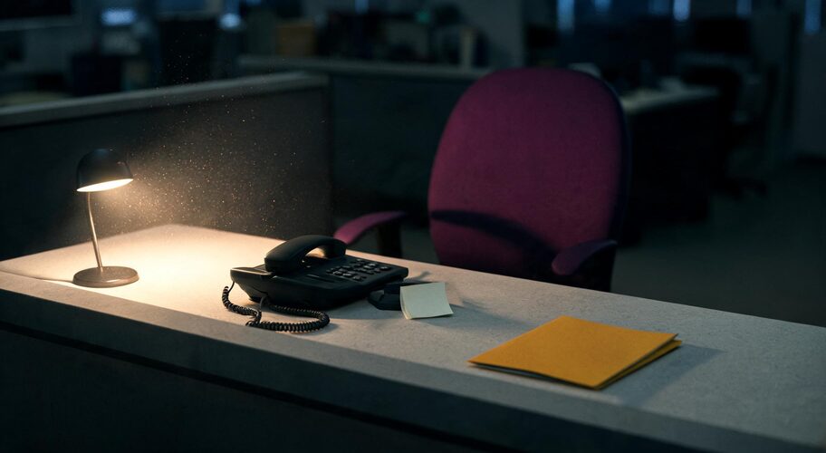 A landline handset sits on a law firm reception desk at dusk, with a sticky note bearing a first name and mobile number attached and an empty chair behind the desk, a scene relevant to AI for employment lawyers.