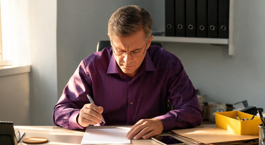 A lawyer in a quiet office reviews a short printed intake summary on a single sheet, pen in hand, phone face down on the desk beside a closed file, considering AI for employment lawyers.