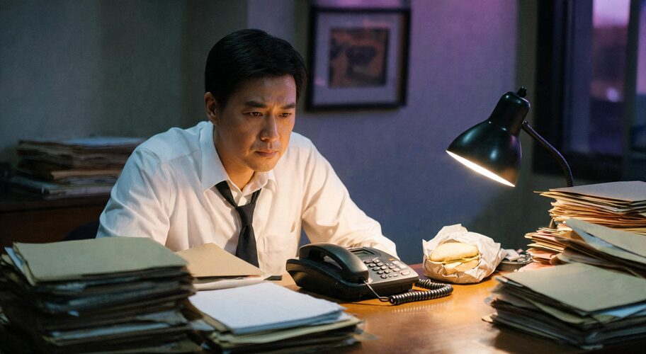 A lawyer working late at his desk surrounded by tall stacks of case files, a landline phone and desk lamp beside him, illustrating the administrative burden that AI for family lawyers can help relieve.