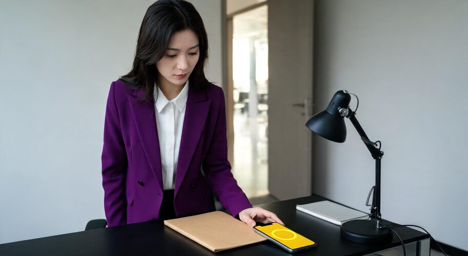 A solicitor using AI for family lawyers while resting a hand on a closed client file on a desk, with a mobile phone face up beside it showing an incoming call and an office door half open behind.