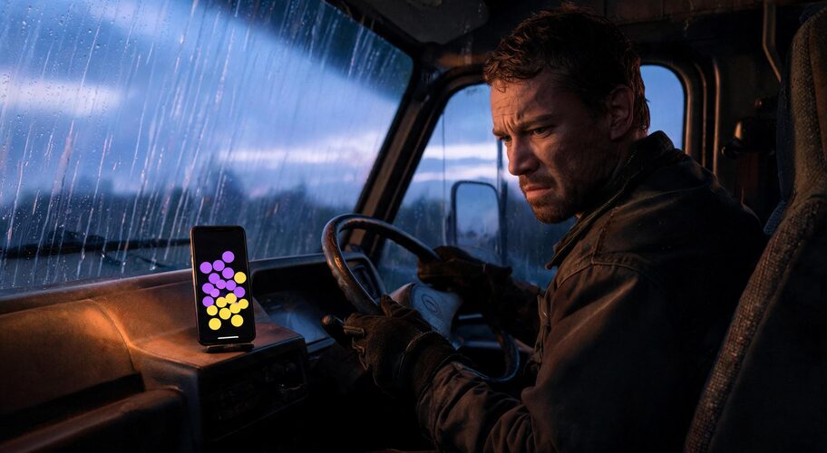 A mobile phone lies face-up on a tow truck dashboard, its screen showing several missed calls, with the driver's gloved hands on the steering wheel and a rain-streaked windscreen beyond, a challenge AI for towing companies can help address.
