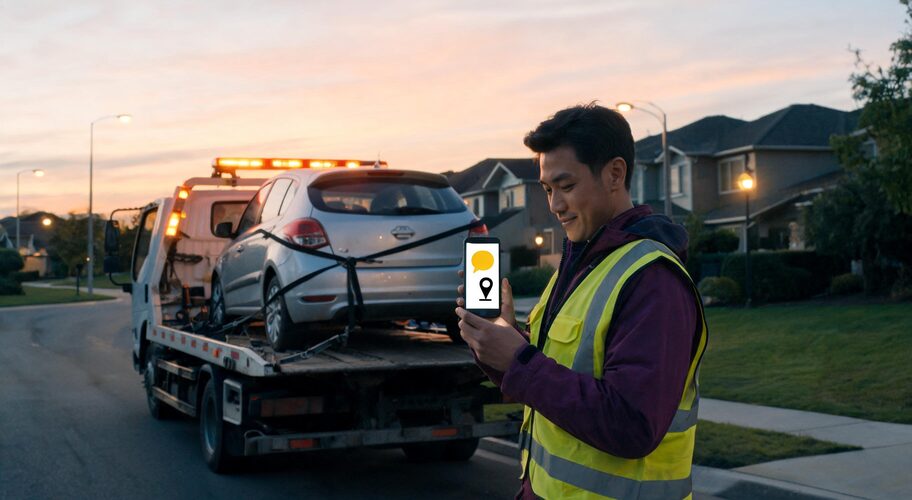 A tow truck driver stands beside a loaded flatbed on a suburban street at dusk, phone in hand reading a text message, with a stranded hatchback secured behind him, an example of AI for towing companies in action.