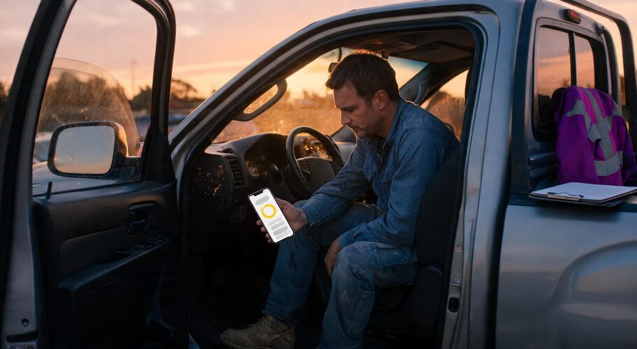 A tradesperson sits in a parked ute at the end of the day, phone in hand and a clipboard of job dockets on the passenger seat, with an AI memory business assistant helping organize work details.