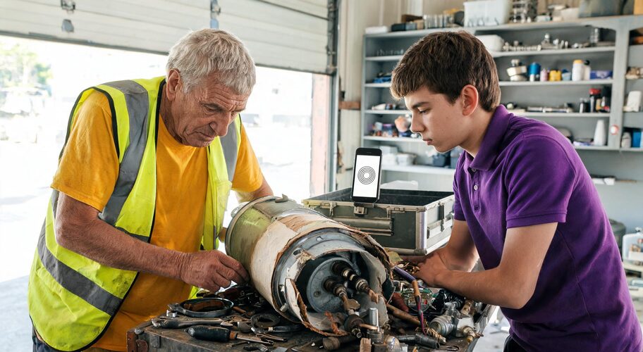 An older tradesman using AI training for apprentices in trades to guide a young apprentice repairing an old motor in a workshop, a phone propped up nearby displaying a diagnostic icon, tools and a toolbox on the bench.