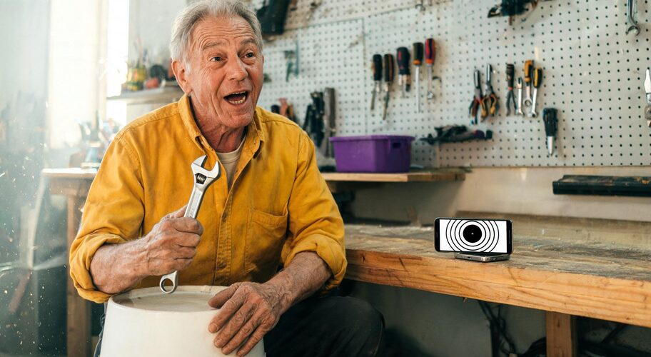 An older tradesman using AI training for apprentices in trades, sitting on an upturned bucket in a workshop, mid-sentence, gesturing with a spanner while a phone rests on the bench recording him.