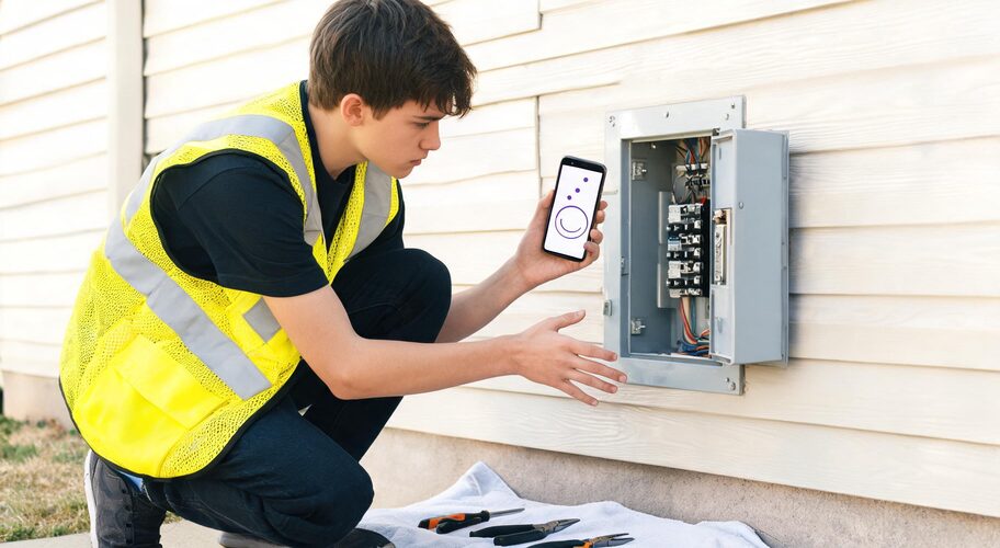 A young apprentice applying AI training for apprentices in trades, crouched beside an open switchboard on a job site, phone in one hand, tools laid out on the floor beside him, checking something on the screen before touching anything.