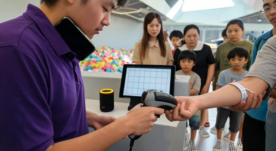 A young staff member in a branded polo shirt stands at a trampoline park front counter, holding a ringing desk phone against one shoulder while scanning a wristband for a queue of parents and children in grip socks.