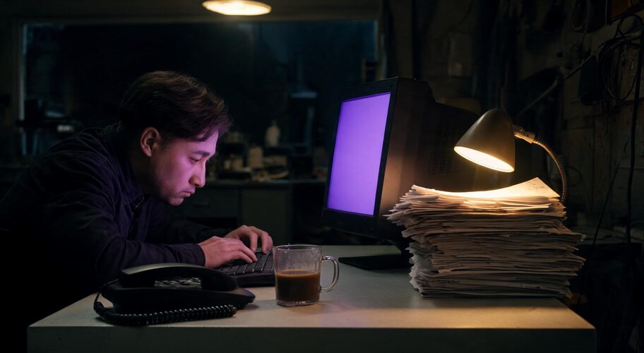 A man types on a keyboard next to a stack of papers, a cup of coffee, a lamp, an old computer with a blue screen displaying “API integration explained for business owners,” and a phone in a dimly lit room.