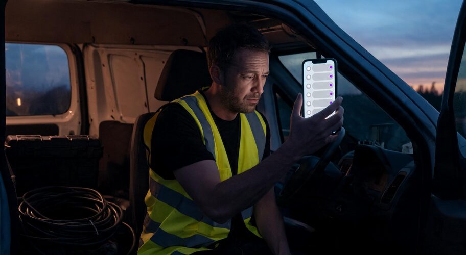 A tradesperson sits in a parked work van at dusk, phone in one hand, scrolling through a long list of messages, with a toolbox visible in the back, a sign of the approval bottleneck cost of a slow yes.