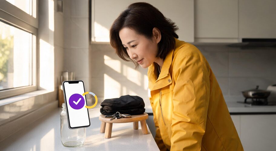 A founder stands at a kitchen bench early in the morning, reading a short message on a phone propped against a jar, with car keys and a work jacket on the stool beside her, the approval bottleneck cost of a slow yes.