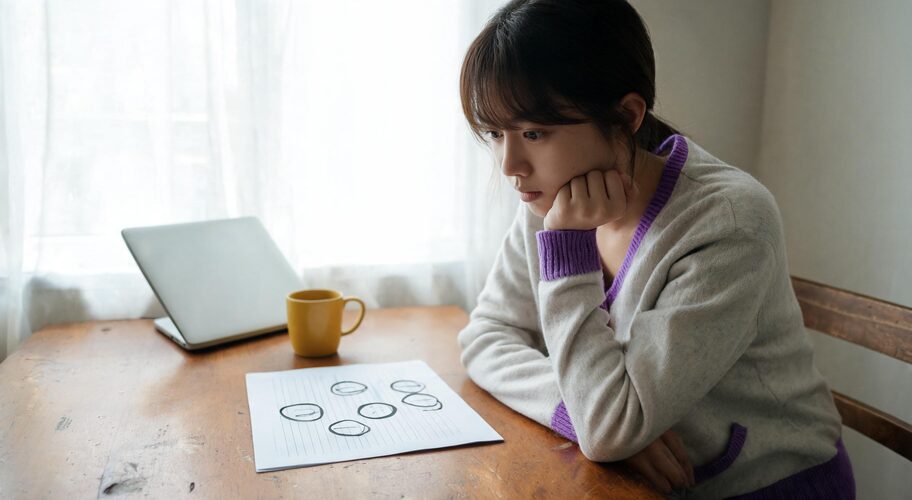 A printed vendor questionnaire sits on a desk with several questions circled in pen, a laptop closed beside it, and an untouched cup of tea going cold, covering B2B client AI data security questions.