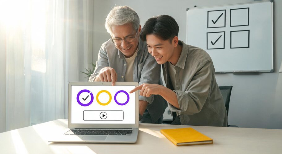 Two office workers sit at a shared desk looking at one laptop together, with a whiteboard behind them showing a short handwritten list in the morning light, reviewing B2B client AI data security questions.