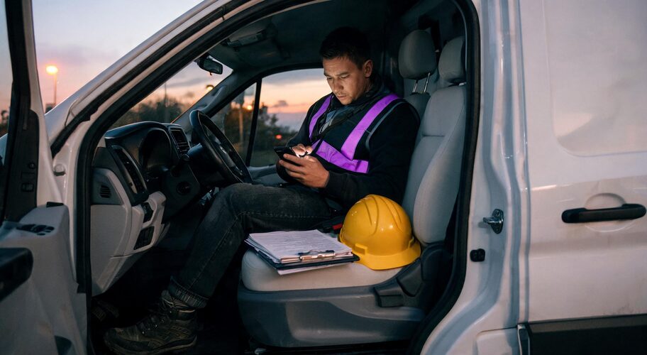 A tradesperson sits in a parked van at the end of the day, phone in one hand, a clipboard of job sheets on the passenger seat, doing paperwork instead of driving home, thinking through how to budget AI automation as a percentage of revenue.