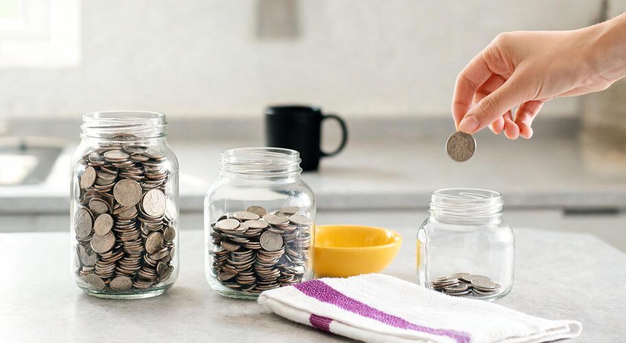 Three glass jars of different sizes sit on a kitchen bench, one nearly full of coins, one half full, one with just a few coins in the bottom, morning light across them, illustrating how to budget AI automation as a percentage of revenue.