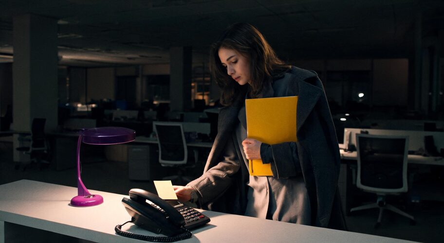 An office phone sits on a reception desk after hours, chairs pushed in, lights off in the background, a sticky note stuck to the handset, a reminder to budget AI automation as a percentage of revenue.