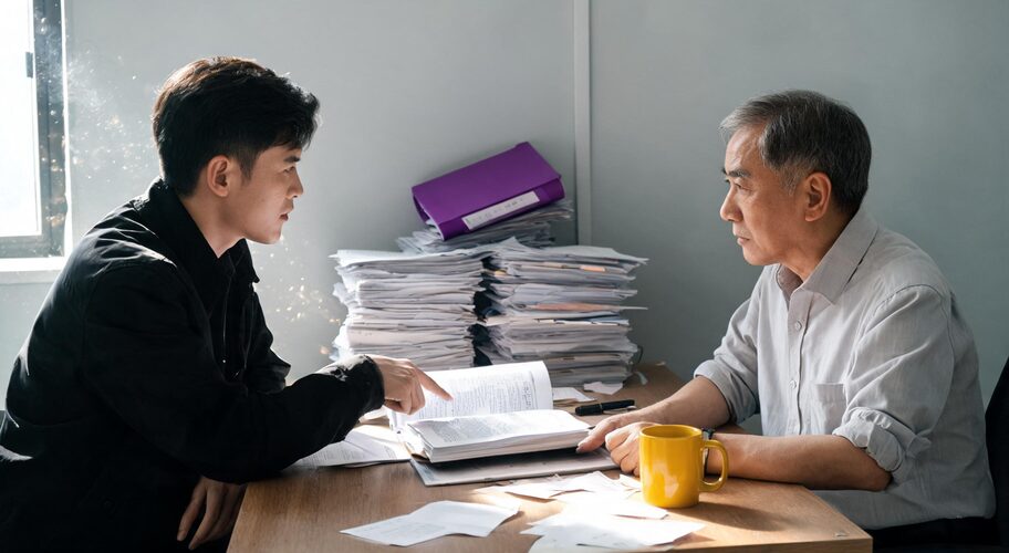 A prospective buyer and a retiring owner discussing buying a business AI systems considerations across a cluttered workshop office desk, with a thick folder of printed invoices open between them and unfiled job dockets stacked behind.