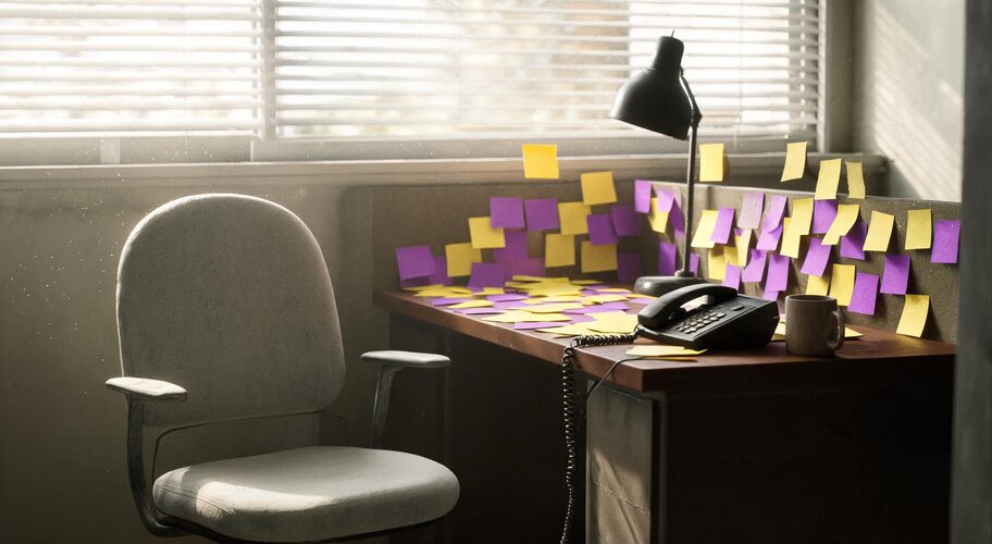 A single empty office chair pushed back from a desk covered in handwritten sticky notes, representing the operational knowledge involved in buying a business AI systems, with a landline phone off the hook and the room otherwise deserted.
