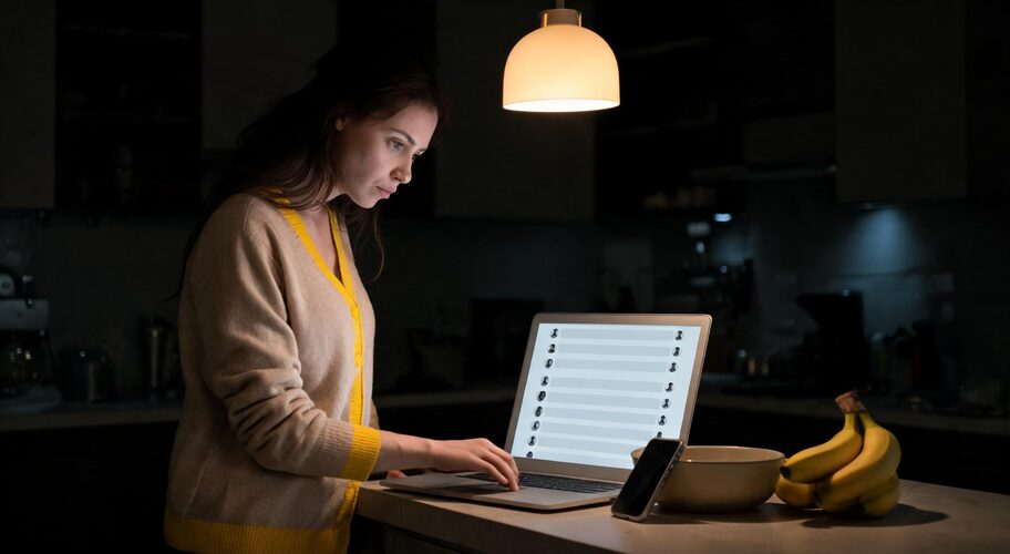 A small business owner stands at a kitchen bench at 9 pm, laptop open and phone propped against a fruit bowl, working through a long list of follow-up messages as part of their first AI automation project.