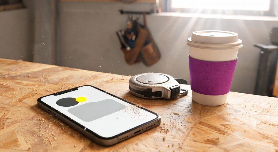 A tradesperson’s phone lies face-up on a workbench beside a tape measure and coffee cup, its screen lit with an incoming enquiry notification, a possible starting point for a first AI automation project. The workshop is empty behind it.