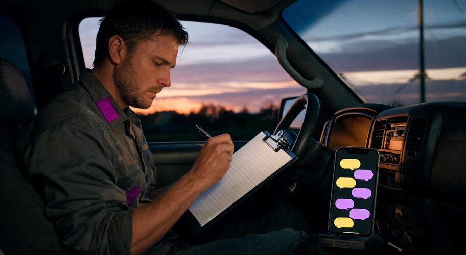 A tradie sits in a parked ute at the end of the day, writing in a handwritten time log on a clipboard resting on the steering wheel, while a phone lights up with messages, the founder calendar audit time record.