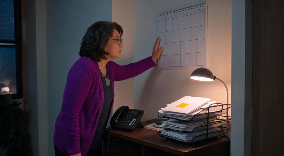 An office wall calendar with most days blank hangs above a desk, where a phone handset rests off the cradle and a tray of unopened post has stacked up, a founder calendar audit time snapshot.