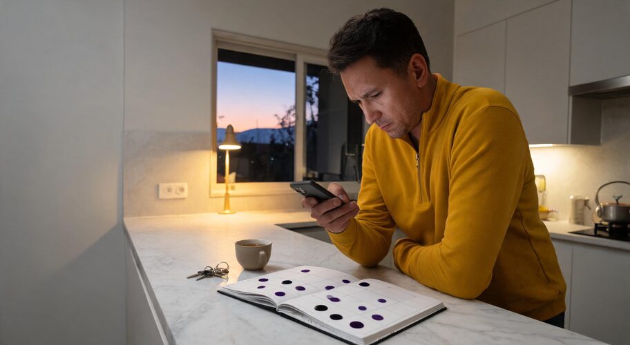 A kitchen bench on a Sunday evening reflecting Founder Sunday night dread, with a phone, a set of car keys, a work diary open with handwritten notes across the week, and a cold cup of tea beside it.