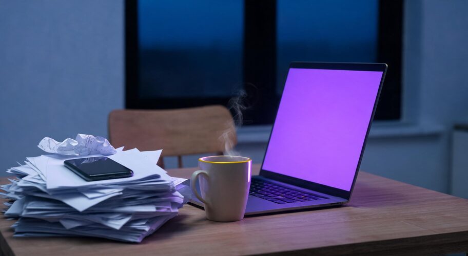 A laptop with a purple screen displaying Google Sheets automation AI, a cup of hot beverage, a smartphone, and a stack of papers sit on a wooden table in a dimly lit room, hinting at late-night work powered by AI.