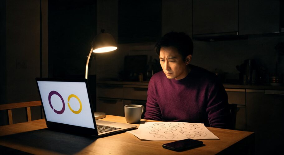 A person reviewing charts on a laptop while seeking a second opinion on an AI automation quote, with papers, a mug and a phone scattered across the table in a dimly lit room.