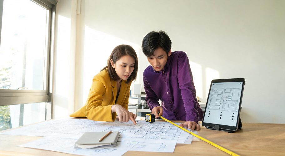 Two people reviewing plans while seeking a second opinion on an AI automation quote across a workshop bench, one pointing at a section of the page, with a tape measure and pencil beside it.