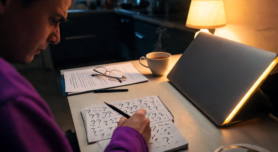 A kitchen table at night with a printed proposal, a notepad of handwritten questions, reading glasses and a half-drunk cup of tea beside a closed laptop, prepared for a second opinion on an AI automation quote.
