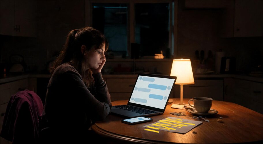 A woman sits at a kitchen table at night, looking at her laptop and phone, both displaying messaging apps and notifications, with reminders about the Unsolicited Electronic Messages Act NZ; a lamp, cup, and papers are on the table.