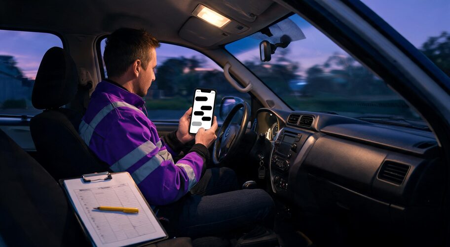 A tradesperson sits in a parked ute at dusk, holding a phone displaying an SMS thread, with a clipboard of job sheets on the passenger seat, considering the Unsolicited Electronic Messages Act NZ.