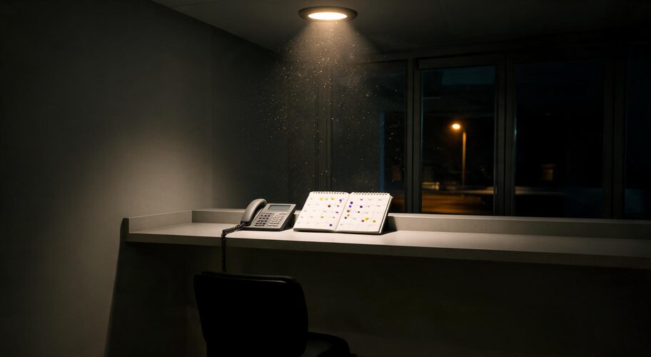 An empty clinic reception desk sits after hours, with a phone handset on the counter and an open appointment diary, while the dimmed lights reflect the communication requirements of the Unsolicited Electronic Messages Act NZ.