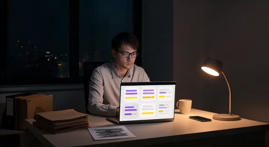 A tired accountant at a desk in the evening, sleeves rolled up, reviewing WIP write-off in professional services AI dashboards on a laptop beside a stack of manila client files and a half-finished mug of tea.