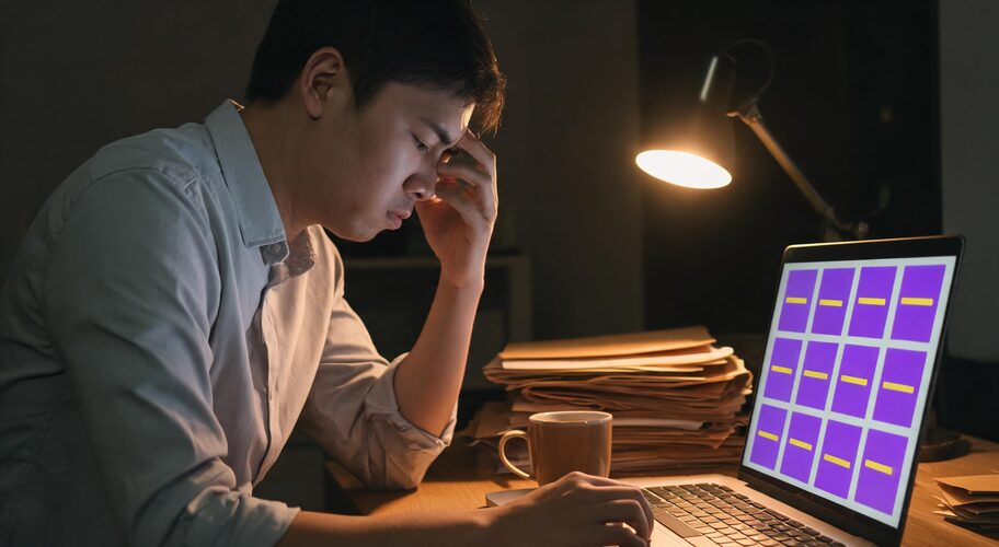 A tired accountant using WIP write-off in professional services AI at a desk in the evening, sleeves rolled up, a stack of manila client files and a half-finished mug of tea next to an open laptop.