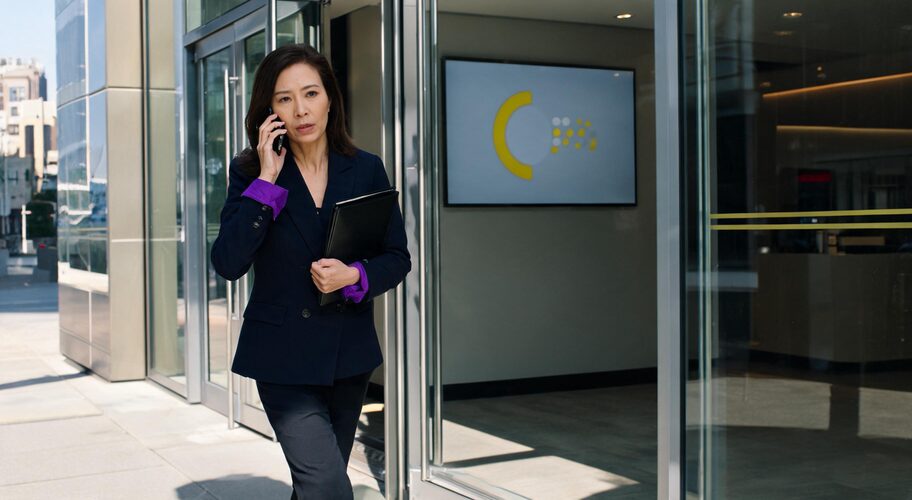 A lawyer discussing WIP write-off in professional services AI while stepping out of a client's office building onto a city street, phone held to one ear, leather folder tucked under the other arm.
